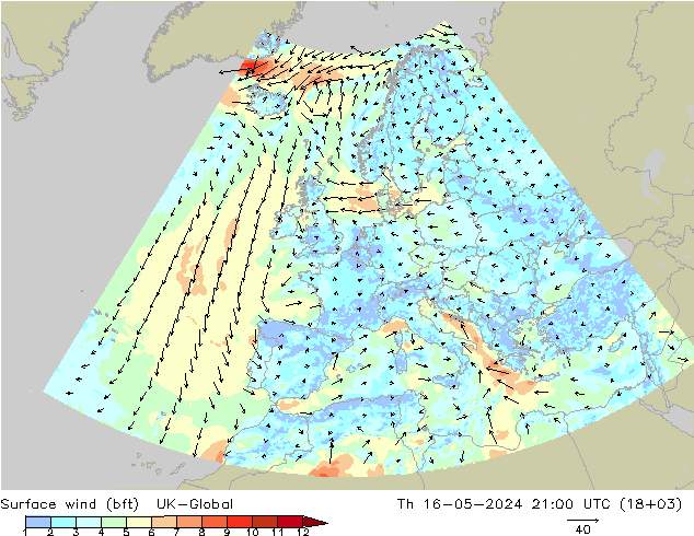 Rüzgar 10 m (bft) UK-Global Per 16.05.2024 21 UTC