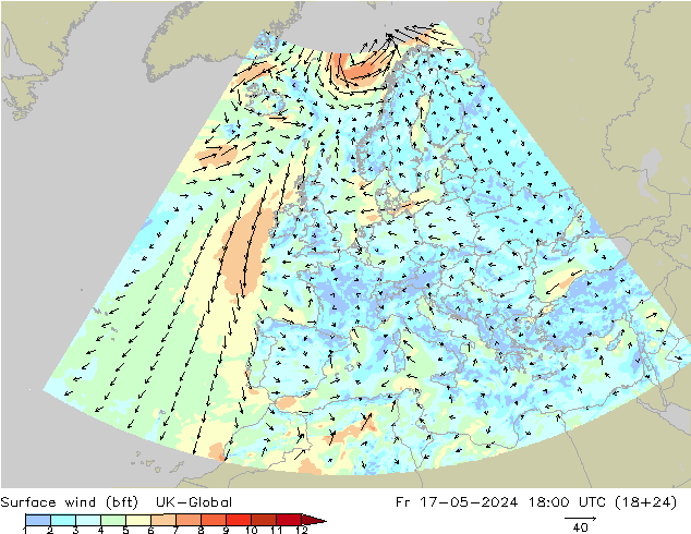 Wind 10 m (bft) UK-Global vr 17.05.2024 18 UTC