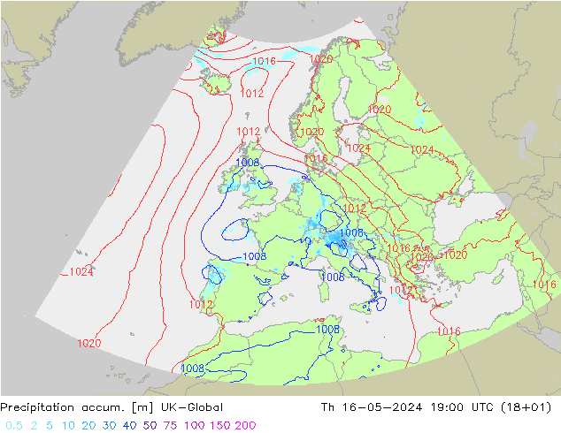 Precipitation accum. UK-Global Th 16.05.2024 19 UTC