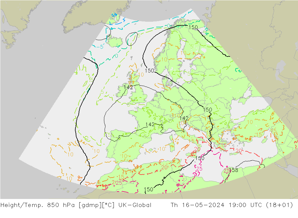 Hoogte/Temp. 850 hPa UK-Global do 16.05.2024 19 UTC