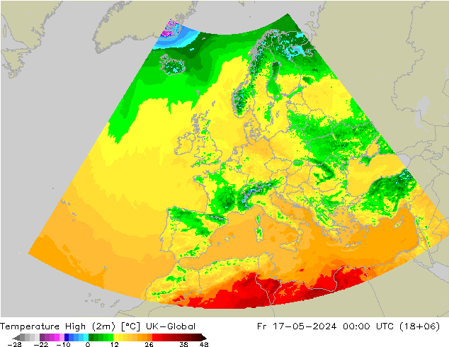 Temp. massima (2m) UK-Global ven 17.05.2024 00 UTC