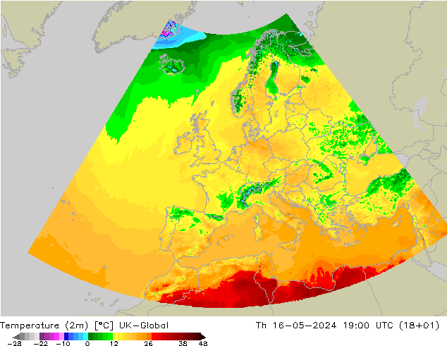 Temperature (2m) UK-Global Th 16.05.2024 19 UTC