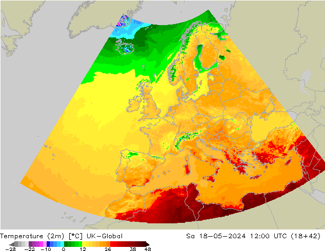 Temperatuurkaart (2m) UK-Global za 18.05.2024 12 UTC