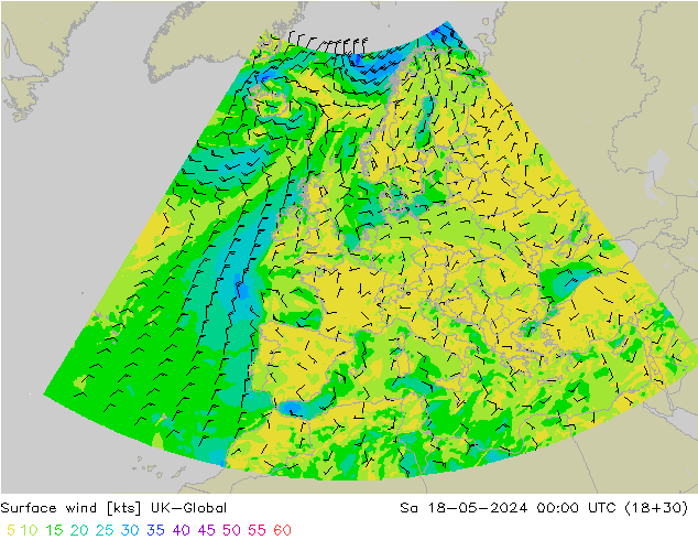 Wind 10 m UK-Global za 18.05.2024 00 UTC