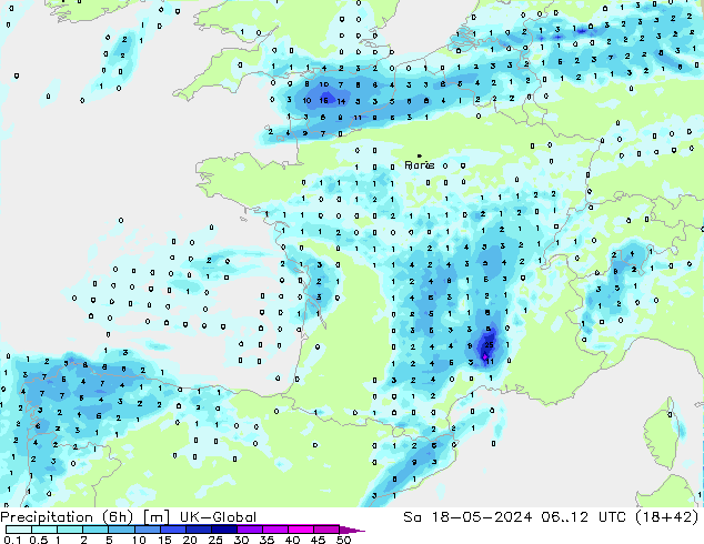 Precipitazione (6h) UK-Global sab 18.05.2024 12 UTC