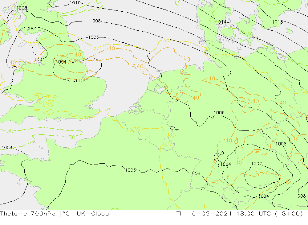 Theta-e 700hPa UK-Global  16.05.2024 18 UTC