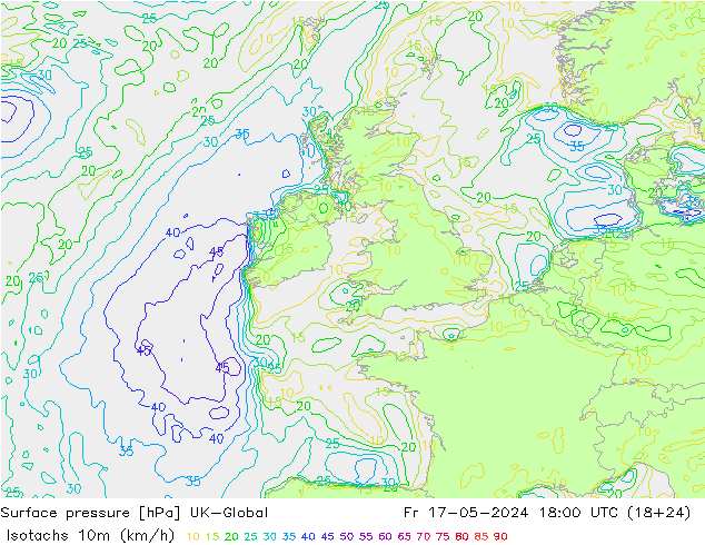 Izotacha (km/godz) UK-Global pt. 17.05.2024 18 UTC