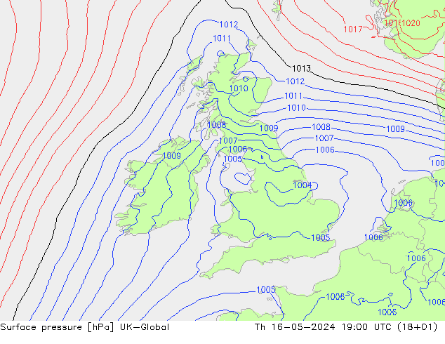Presión superficial UK-Global jue 16.05.2024 19 UTC