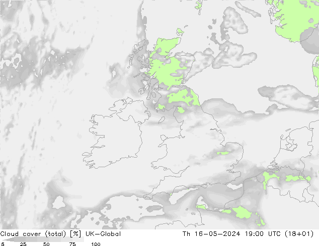 Cloud cover (total) UK-Global Th 16.05.2024 19 UTC