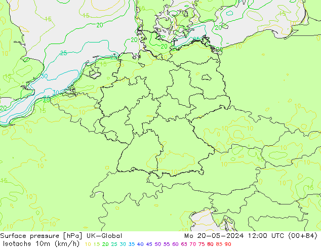 Isotachen (km/h) UK-Global ma 20.05.2024 12 UTC