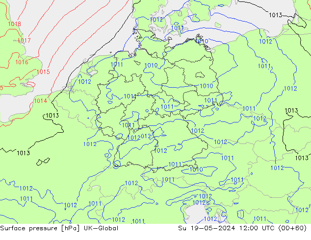 Pressione al suolo UK-Global dom 19.05.2024 12 UTC