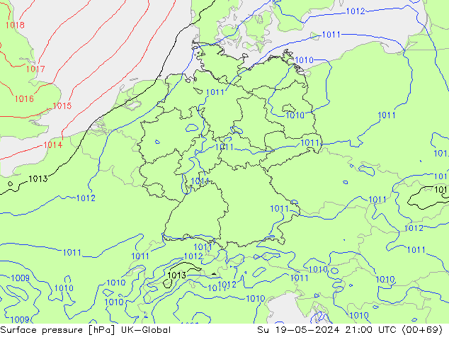 Atmosférický tlak UK-Global Ne 19.05.2024 21 UTC