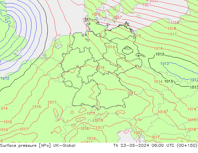 Atmosférický tlak UK-Global Čt 23.05.2024 06 UTC
