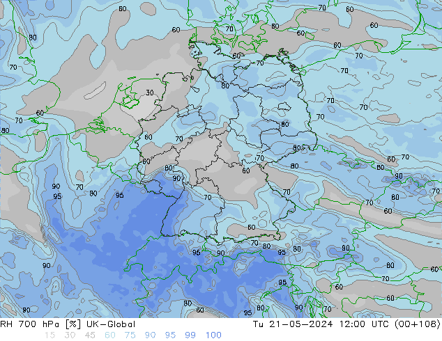 RH 700 hPa UK-Global Tu 21.05.2024 12 UTC