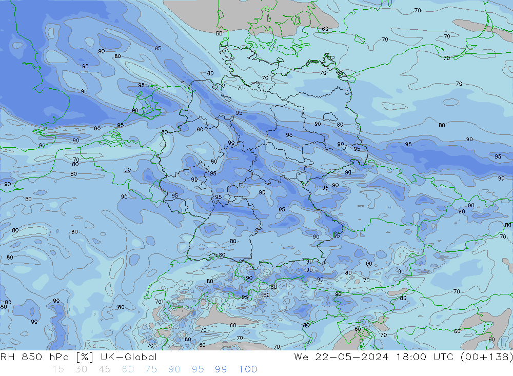 Humedad rel. 850hPa UK-Global mié 22.05.2024 18 UTC