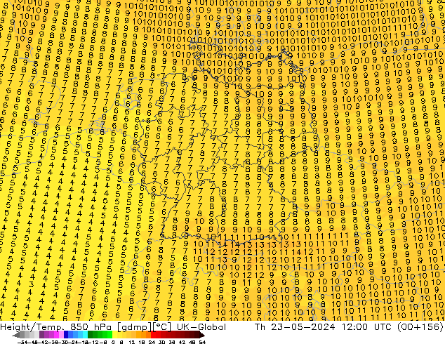 Height/Temp. 850 hPa UK-Global Qui 23.05.2024 12 UTC