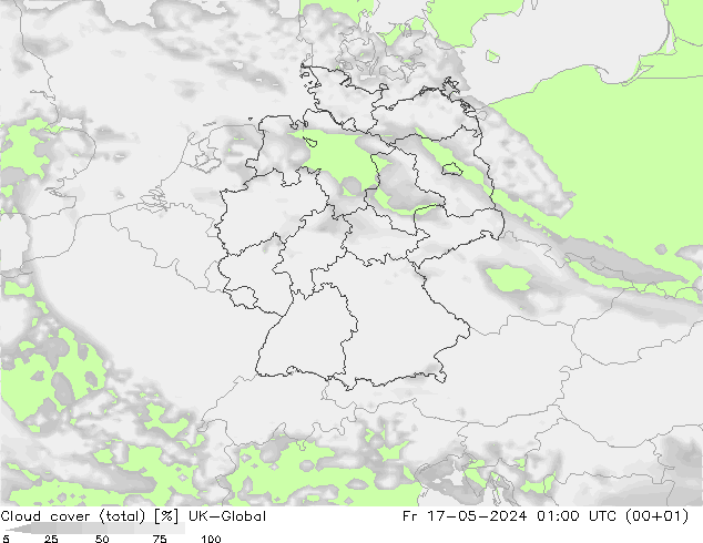 Bewolking (Totaal) UK-Global vr 17.05.2024 01 UTC