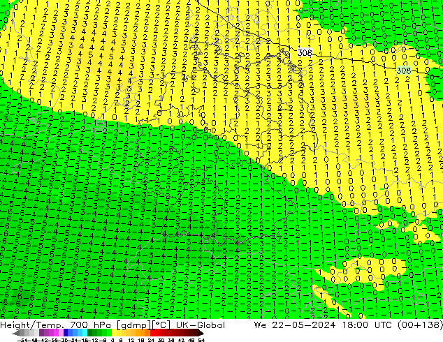 Yükseklik/Sıc. 700 hPa UK-Global Çar 22.05.2024 18 UTC