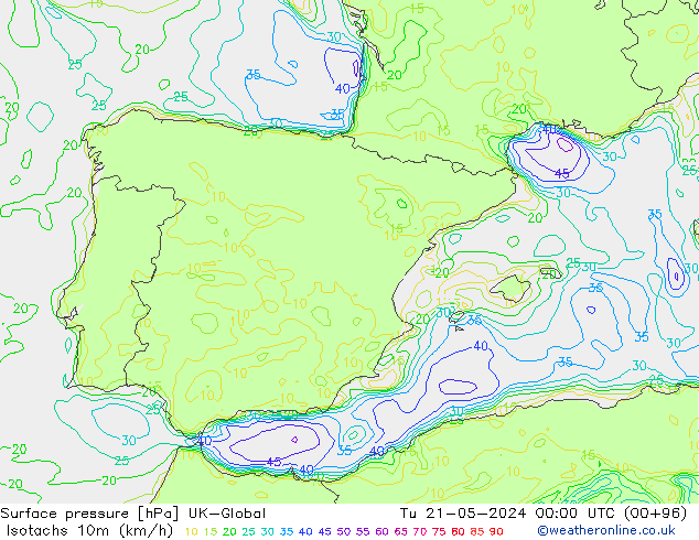 Isotachen (km/h) UK-Global di 21.05.2024 00 UTC