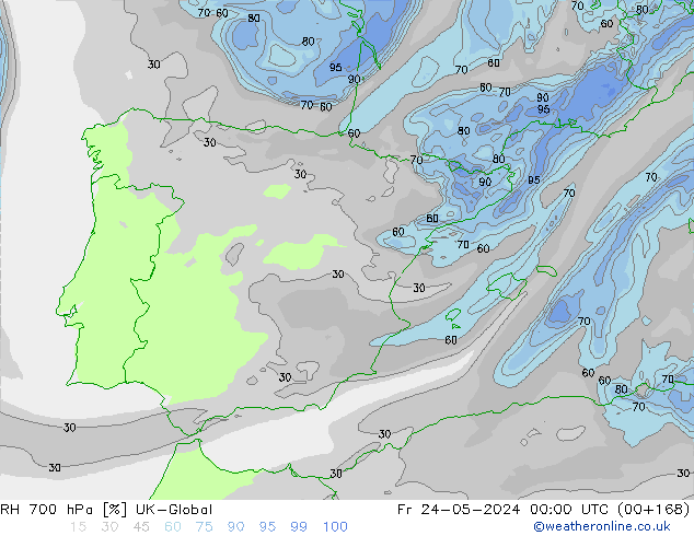 Humidité rel. 700 hPa UK-Global ven 24.05.2024 00 UTC