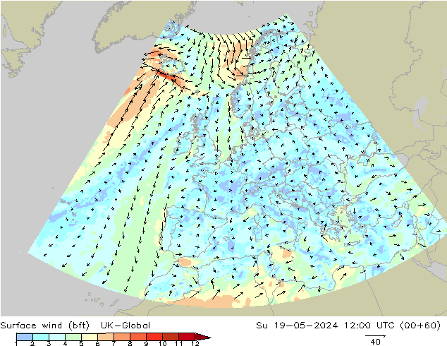 Surface wind (bft) UK-Global Ne 19.05.2024 12 UTC