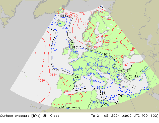 Surface pressure UK-Global Tu 21.05.2024 06 UTC