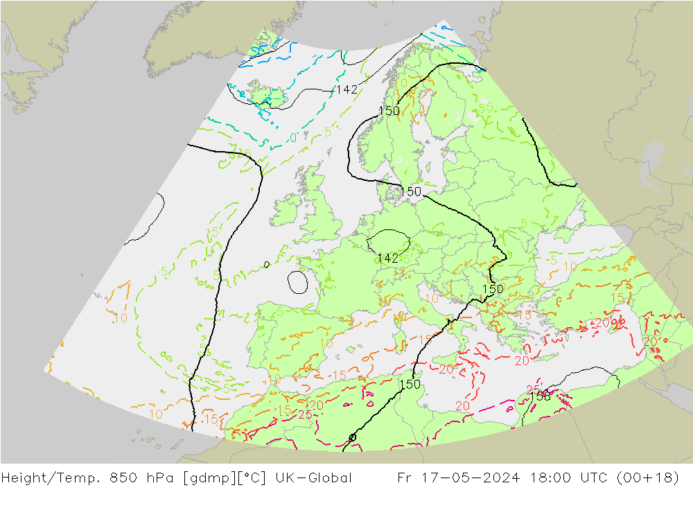 Height/Temp. 850 hPa UK-Global Pá 17.05.2024 18 UTC