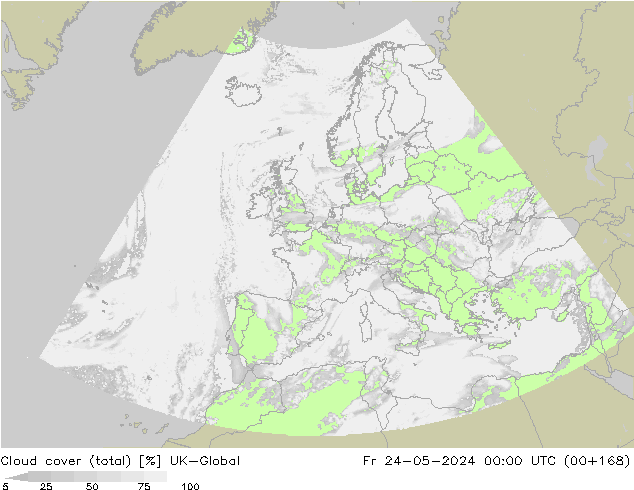 Cloud cover (total) UK-Global Fr 24.05.2024 00 UTC