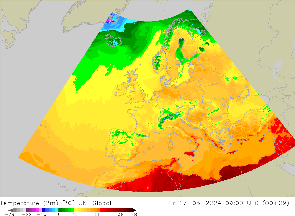 Temperatuurkaart (2m) UK-Global vr 17.05.2024 09 UTC