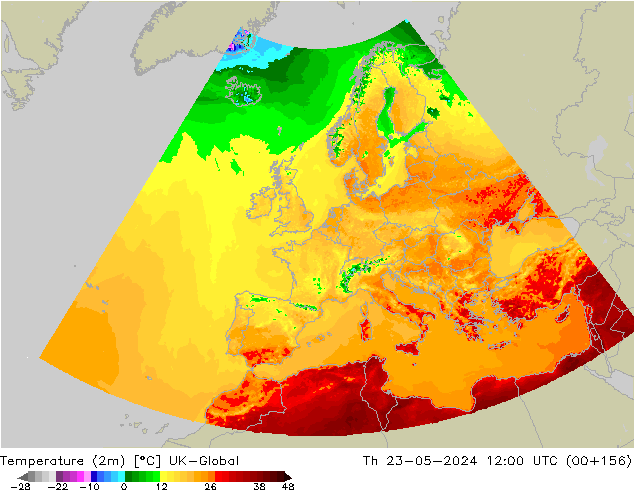 Temperatura (2m) UK-Global Qui 23.05.2024 12 UTC