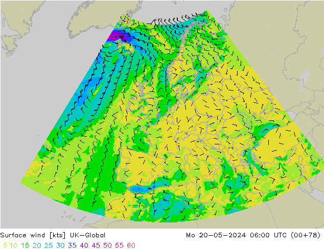 Rüzgar 10 m UK-Global Pzt 20.05.2024 06 UTC