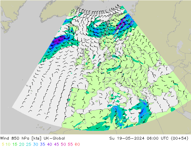 Wind 850 hPa UK-Global Su 19.05.2024 06 UTC