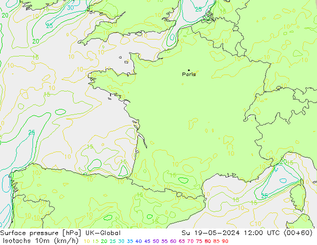 Isotachs (kph) UK-Global Su 19.05.2024 12 UTC