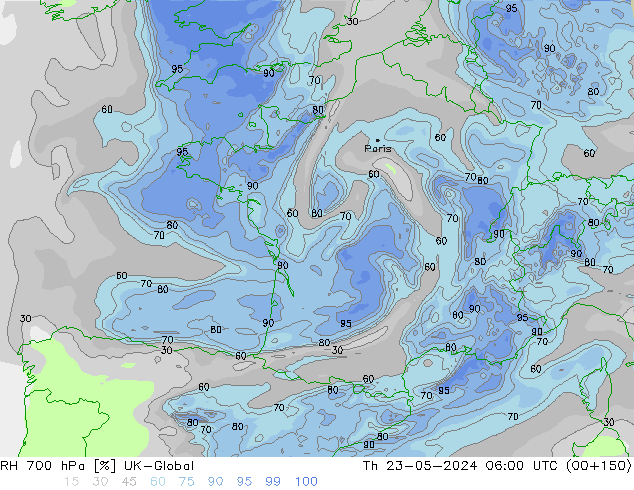 Humidité rel. 700 hPa UK-Global jeu 23.05.2024 06 UTC