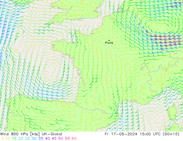 Wind 850 hPa UK-Global Pá 17.05.2024 15 UTC