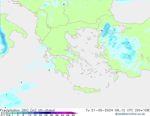 Precipitation (6h) UK-Global Tu 21.05.2024 12 UTC