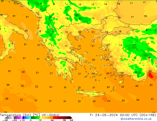 Temperatuurkaart (2m) UK-Global vr 24.05.2024 00 UTC