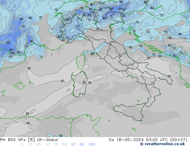 Humidité rel. 850 hPa UK-Global sam 18.05.2024 03 UTC