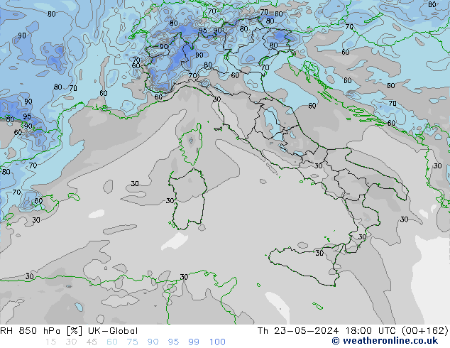 Humidité rel. 850 hPa UK-Global jeu 23.05.2024 18 UTC