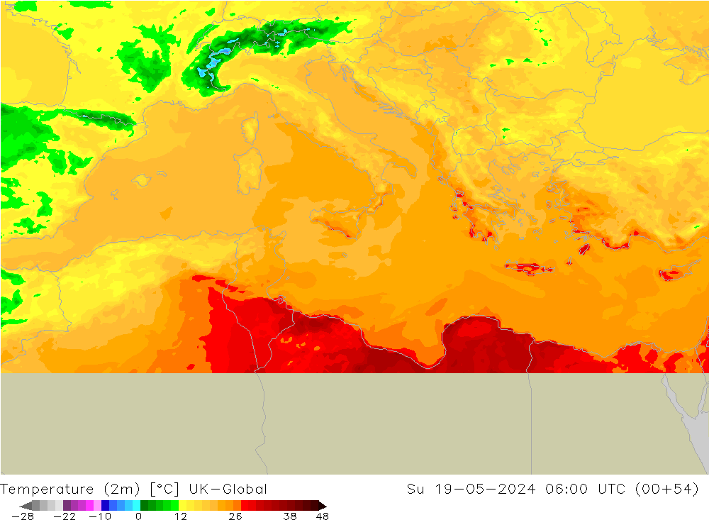 Temperature (2m) UK-Global Su 19.05.2024 06 UTC