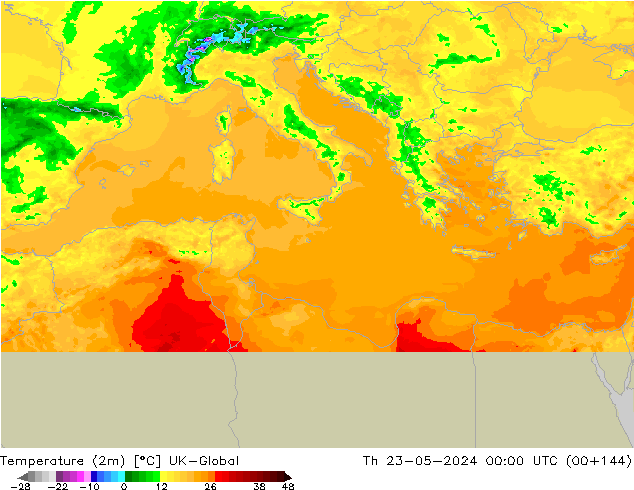 Temperatura (2m) UK-Global Qui 23.05.2024 00 UTC