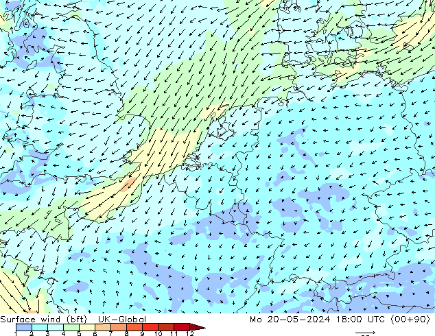 Surface wind (bft) UK-Global Po 20.05.2024 18 UTC