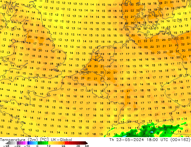 température (2m) UK-Global jeu 23.05.2024 18 UTC