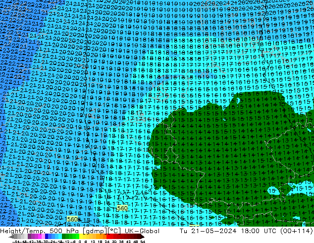 Hoogte/Temp. 500 hPa UK-Global di 21.05.2024 18 UTC