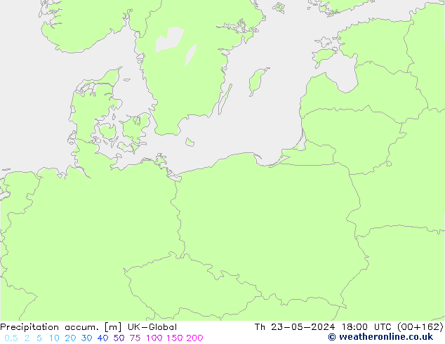 Precipitation accum. UK-Global Čt 23.05.2024 18 UTC