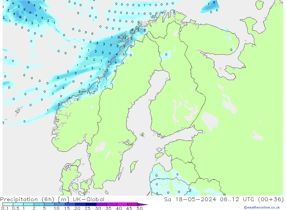 Precipitazione (6h) UK-Global sab 18.05.2024 12 UTC