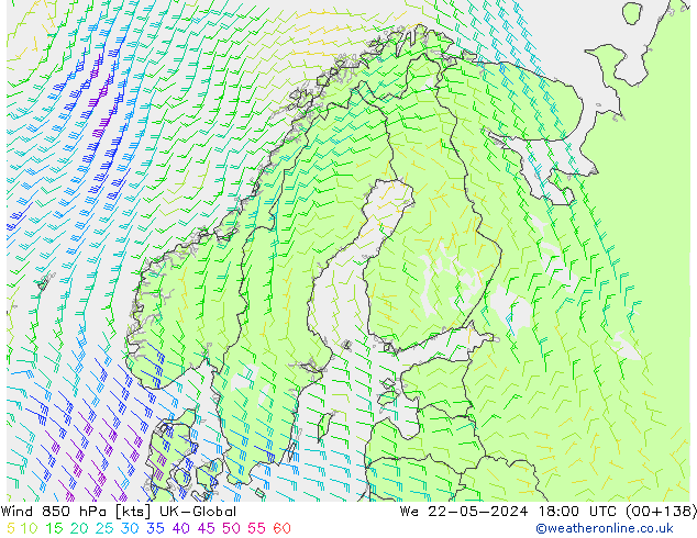 Vento 850 hPa UK-Global mer 22.05.2024 18 UTC