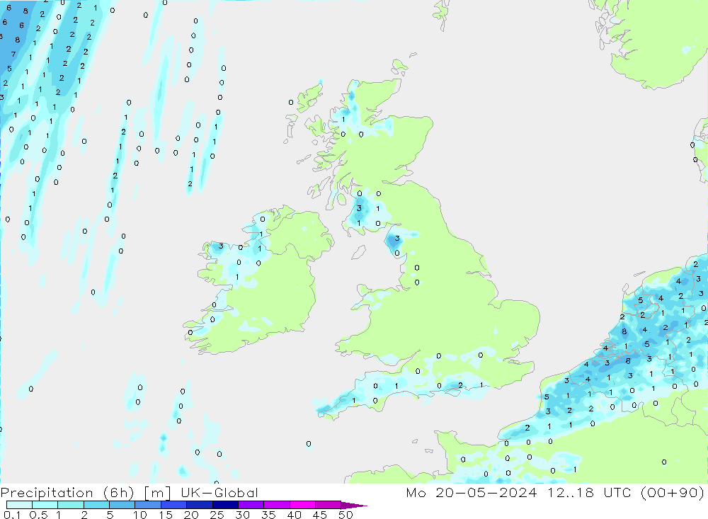 Totale neerslag (6h) UK-Global ma 20.05.2024 18 UTC