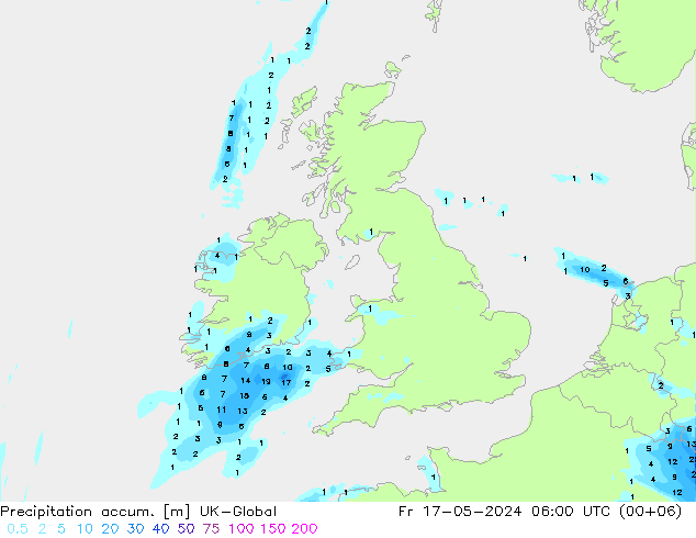 Precipitation accum. UK-Global Fr 17.05.2024 06 UTC