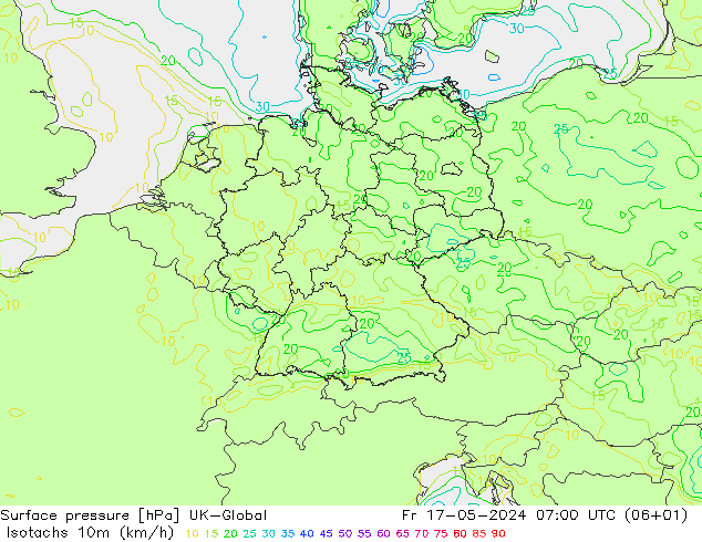 Isotachs (kph) UK-Global Fr 17.05.2024 07 UTC